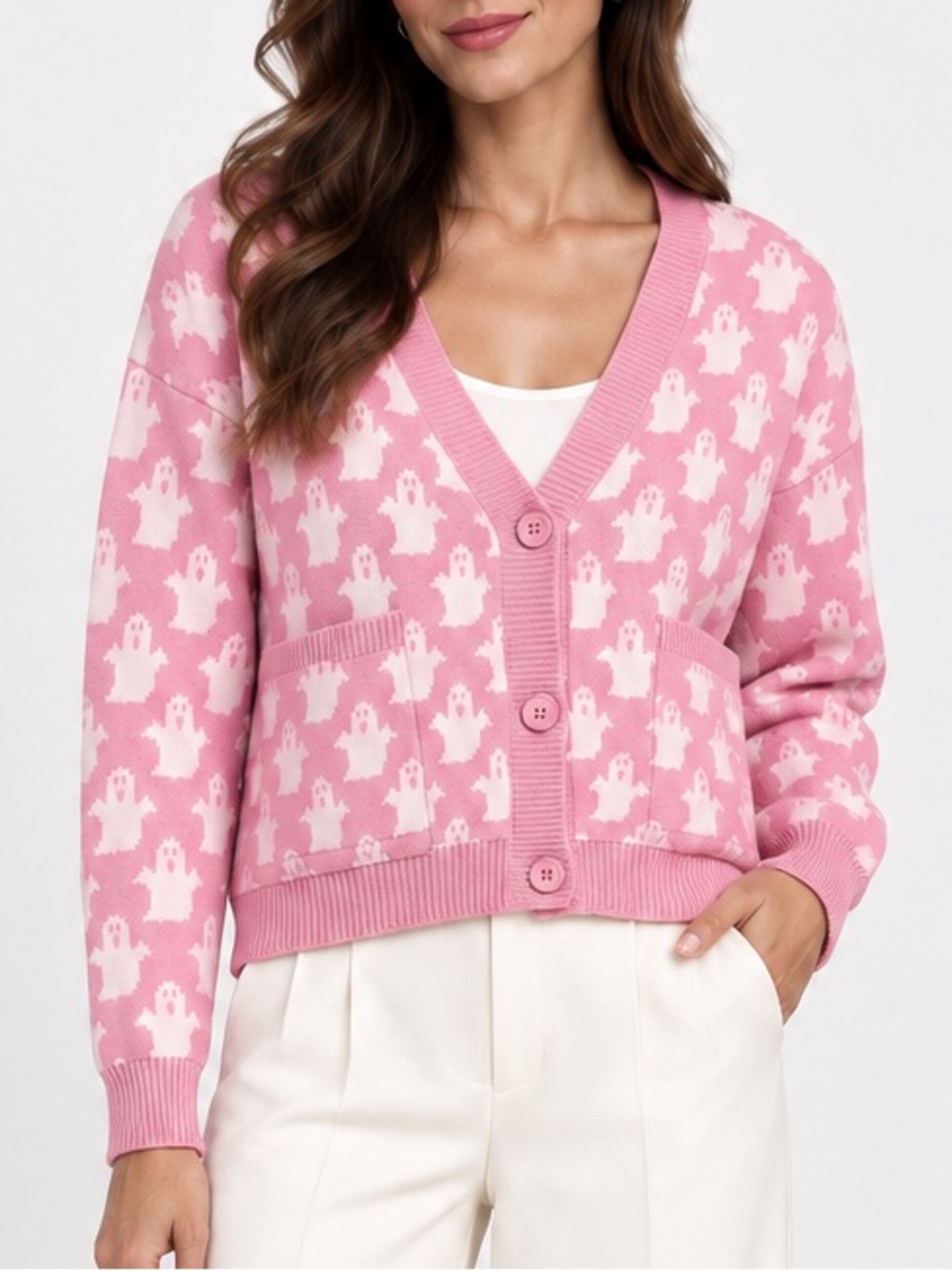 NWT Lola & Morgan Pink Ghost V-Neck Novelty Knit Cardigan Pink Halloween Size M